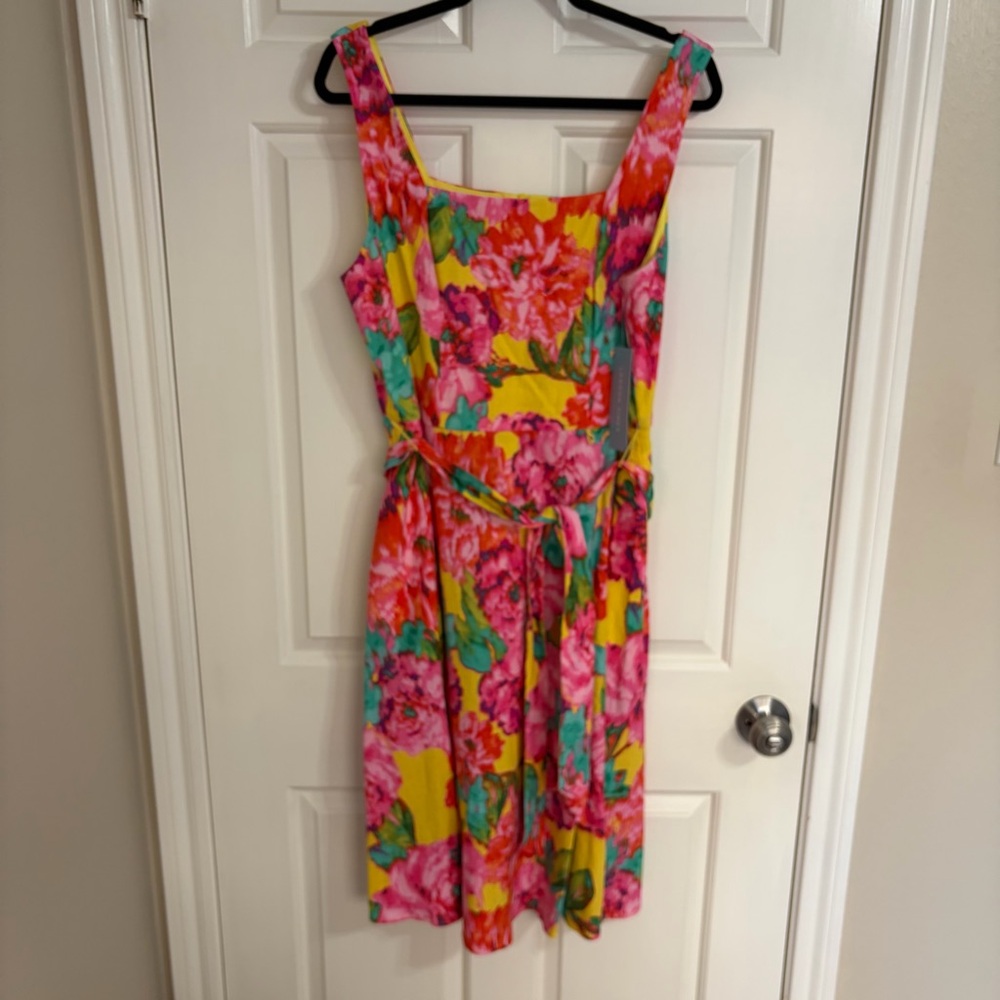 NWT London Times Yellow Floral Square-Neck Midi Dress